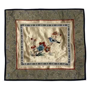 VTG Chinese Silk Embroidered Floral Bird Panel Brocade Textile Asian Needlepoint